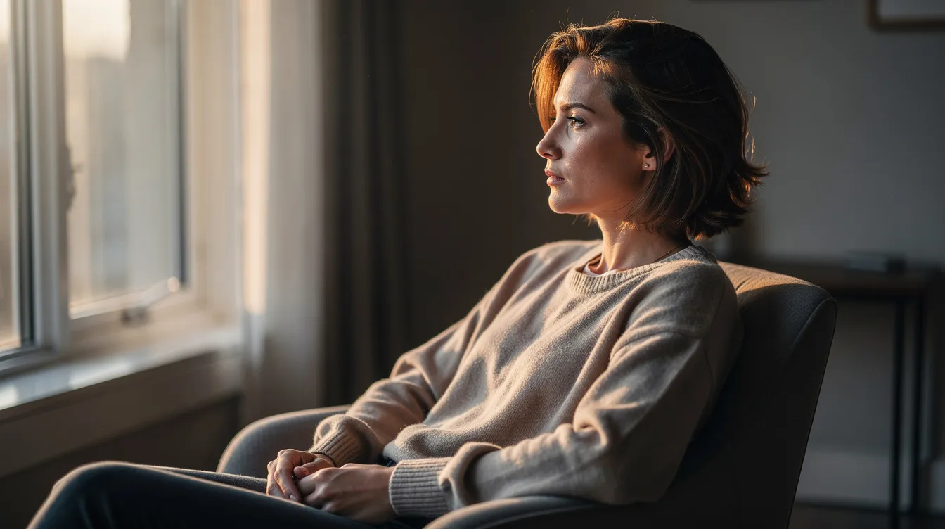 The image shows a person sitting peacefully by a window, bathed in soft light, with a calm and reflective expression. This serene moment suggests a contemplation of distinct emotions, possibly related to guilt or shame, while embracing self-compassion and mental health awareness.