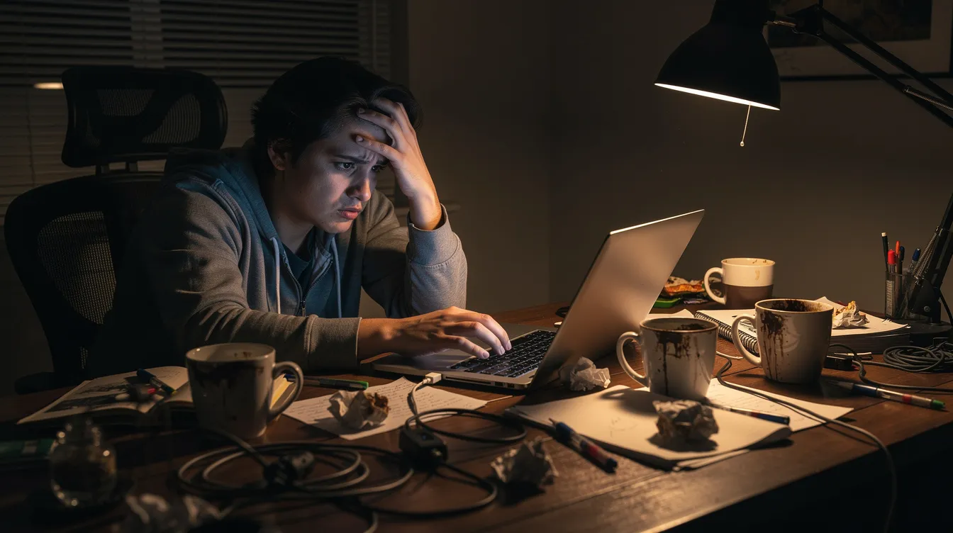 A weary person sits at a cluttered desk filled with multiple coffee cups and a laptop, surrounded by dim lighting that emphasizes their exhaustion. The scene captures the struggle of feeling guilty for resting amidst a chaotic to-do list, reflecting the pressures of productivity and the need for self-care in a world that often equates worth with constant busyness.