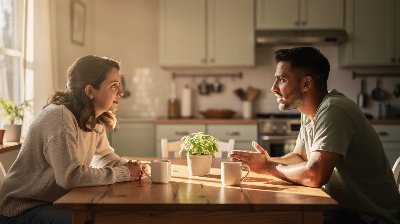Two individuals are seated across from each other at a kitchen table, engaged in a calm and open conversation illuminated by warm natural light, fostering a sense of emotional well-being and real connection while discussing healthy boundaries in their relationships.