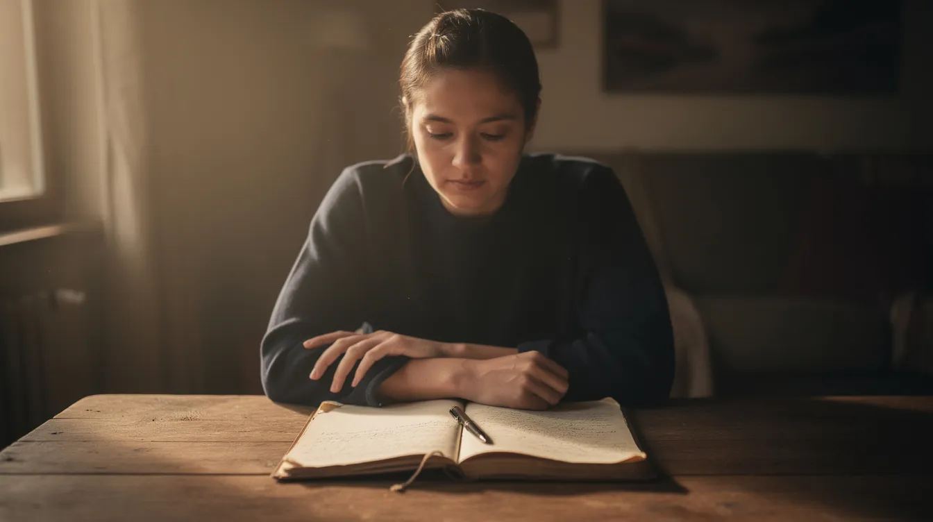 A person sits alone at a table bathed in soft light, looking contemplative with a journal in front of them, embodying a moment of introspection where they may be grappling with their inner critic and self-doubt. The scene captures the delicate balance between self-compassion and the critical thoughts that often accompany creative work.