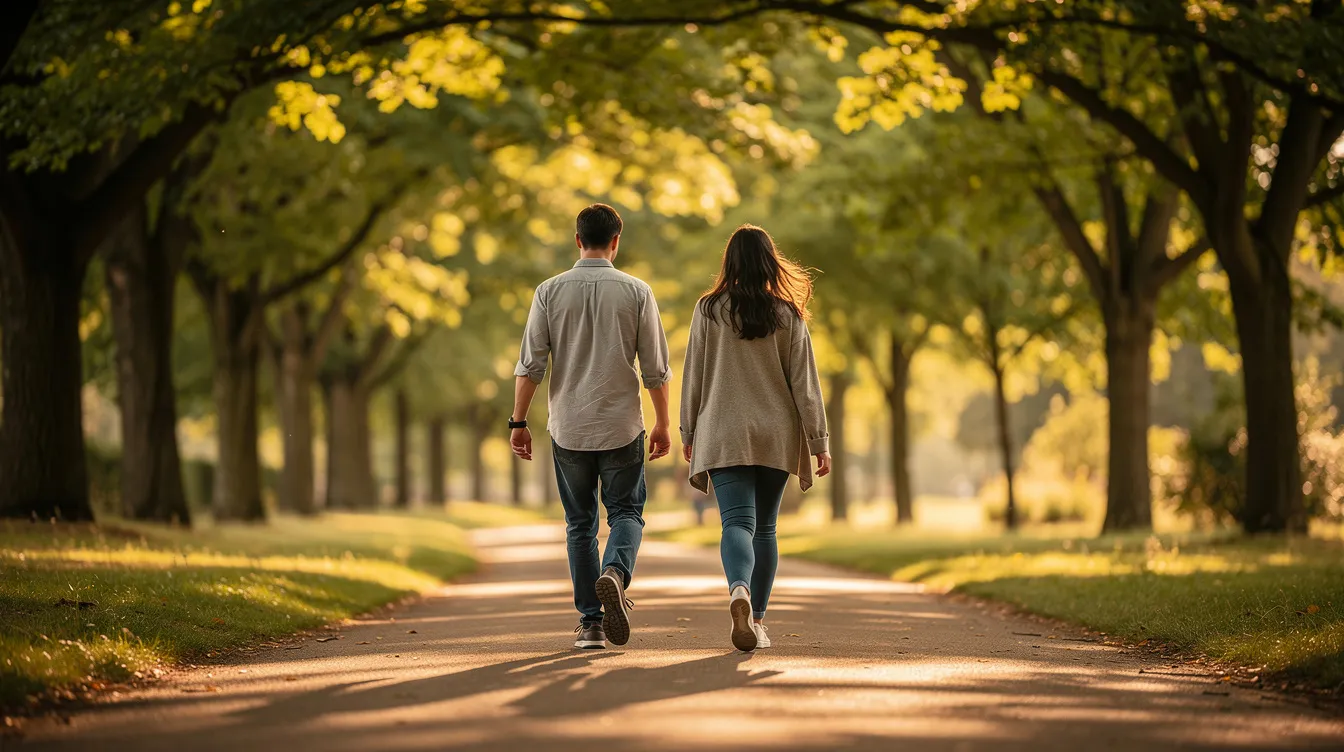 surfer-16232552-01-9a80c5ac-f8a3-4634-a5f0-459319b1d5de Two people are walking side by side on a serene, tree-lined path, illuminated by warm afternoon light, suggesting a moment of connection and conversation about their relationship status and future together. Their relaxed demeanor hints at a mutual decision to explore their feelings and expectations as they spend quality time together.