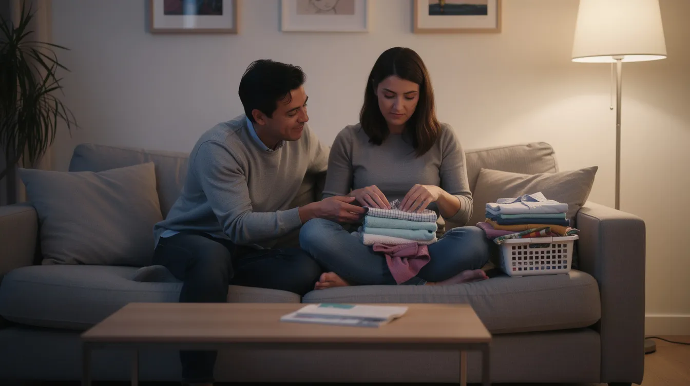 A couple sits together on a couch, with one partner reaching out to the other who is folding clothes, illustrating the importance of physical touch and quality time in their relationship. This moment reflects their mutual respect and understanding of each other's love languages, fostering a deeper connection and relationship satisfaction.