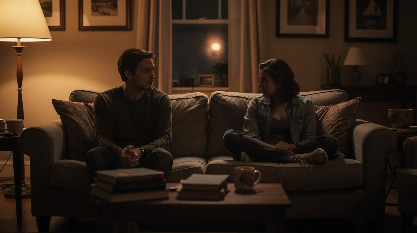 In a dimly lit living room, two people sit at opposite ends of a couch, both appearing contemplative and distant, suggesting they may be going through a rough patch in their long-term relationship. Their expressions reflect the emotional weight of their current situation, possibly involving concerns about communication and the future of their partnership.