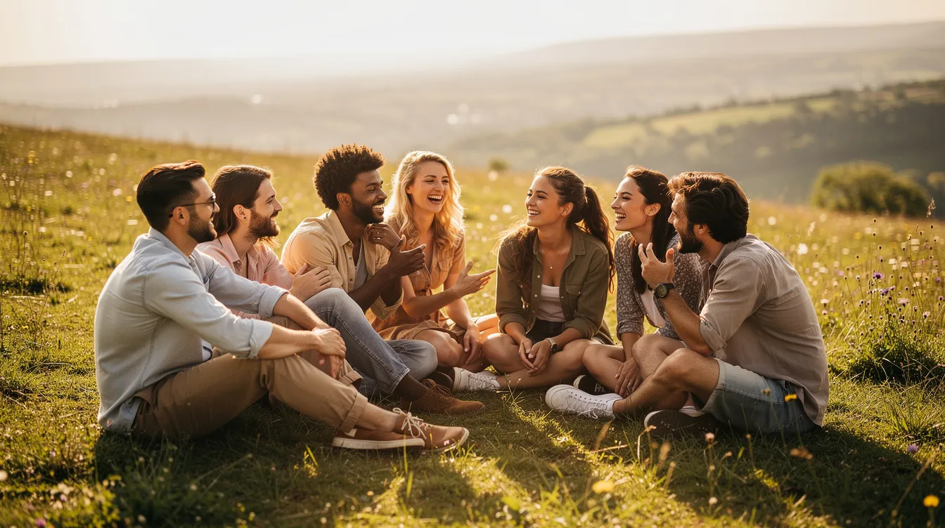 A diverse group of friends and partners sits in a circle on a grassy hillside, enjoying the warm afternoon light as they laugh and engage in lively conversation. This scene reflects the principles of relationship anarchy, emphasizing emotional intimacy and the joy of connecting with multiple people in alternative relationships.