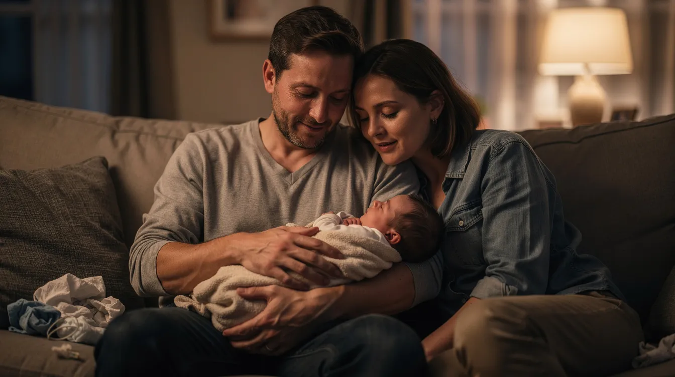 The image shows two tired parents sitting closely together on a couch, illuminated by soft evening light, with one parent gently cradling their sleeping newborn. This scene reflects the intimate yet exhausting reality of new parenthood, often accompanied by changes in physical intimacy and emotional well-being during the postpartum period.