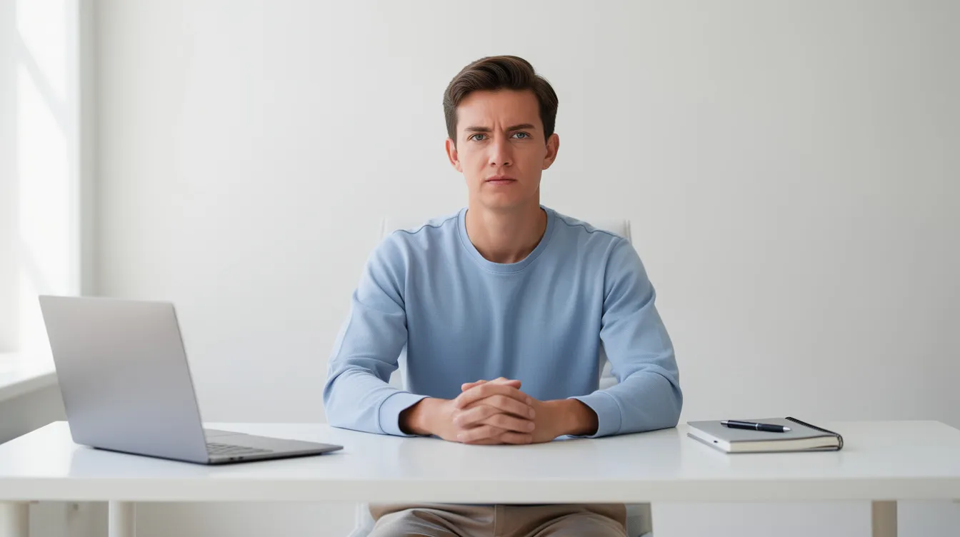 A person sits at a tidy desk in a bright room, appearing calm with hands folded, but subtle tension in their shoulders and jaw suggests they may be experiencing high functioning anxiety symptoms. This image reflects the internal struggles of managing anxiety, highlighting the contrast between a composed exterior and the physical symptoms of ongoing anxiety.